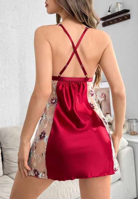 Red Lingerie Dress with Sheer Floral Panels