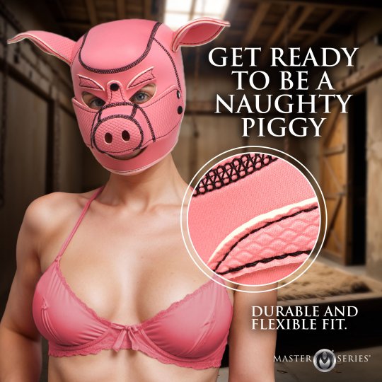 Swine Pig Neoprene Hood And Piggy Tail Anal Plug Bundle