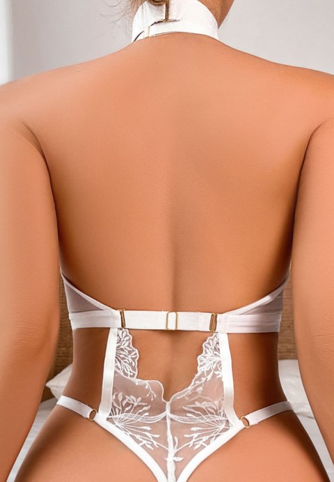 Seductive White Lace and Mesh Bodysuit with Chain Detail