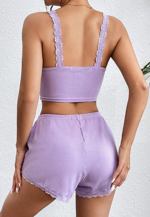 Women Soft Pajama Sets Sexy Lingerie Sleepwear Lace Cami Top with Pj Shorts 2 Piece Nightwear for Sleeping