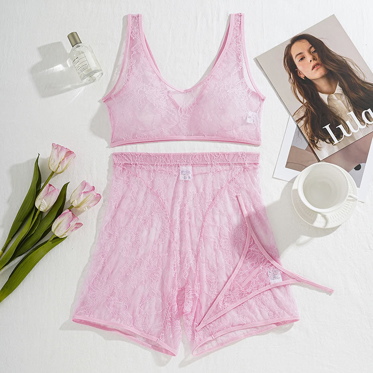 Pink Lace Bra and High-Waisted Shorts