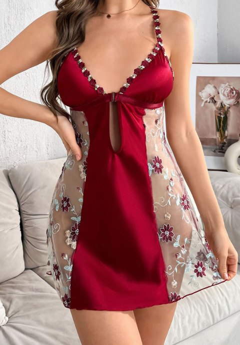 Red Lingerie Dress with Sheer Floral Panels