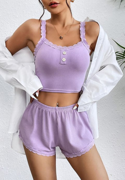 Women Soft Pajama Sets Sexy Lingerie Sleepwear Lace Cami Top with Pj Shorts 2 Piece Nightwear for Sleeping